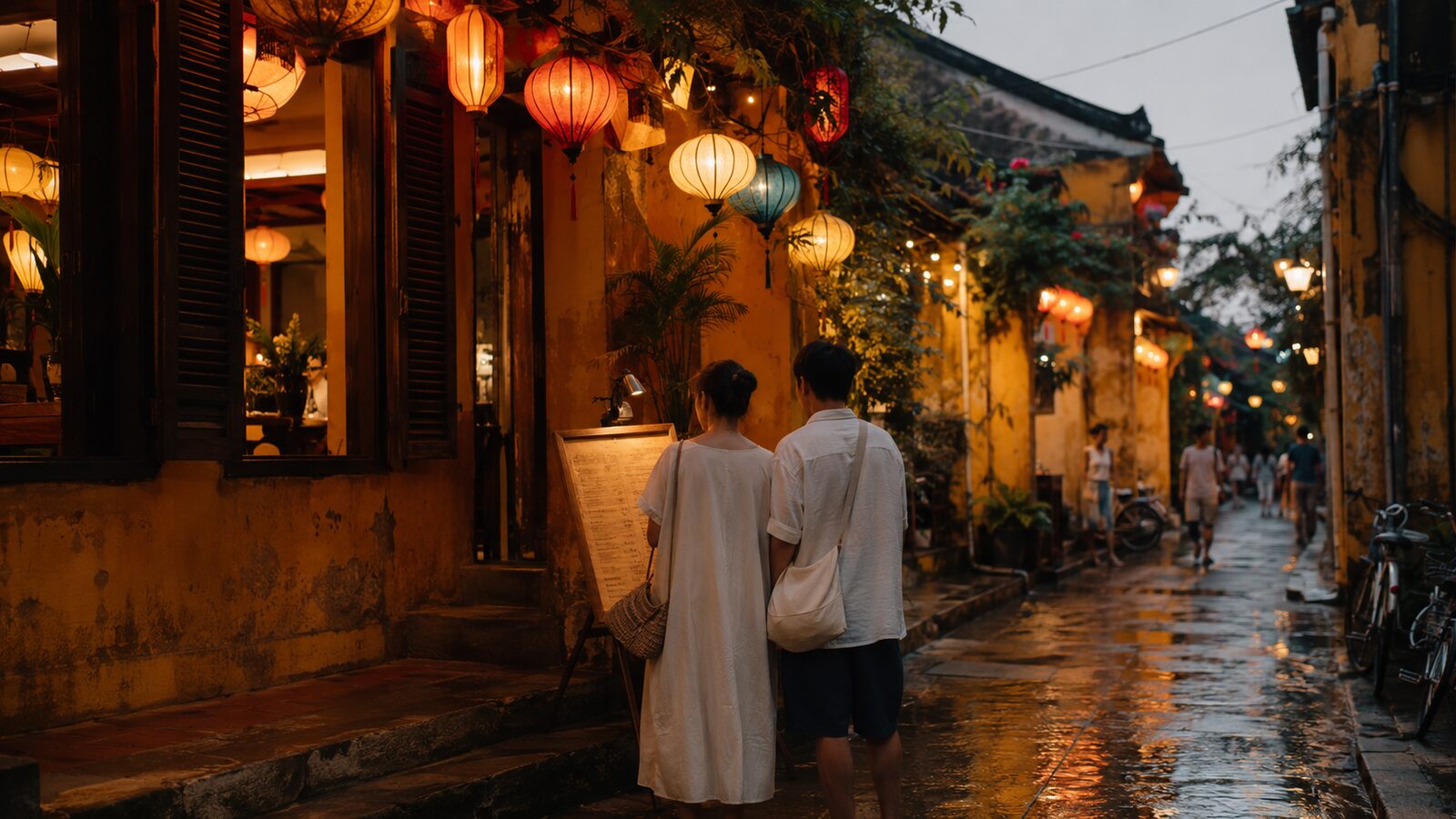 A lantern-lit lane in Hội An's Ancient Town at dusk, a couple walking past glowing shopfronts.