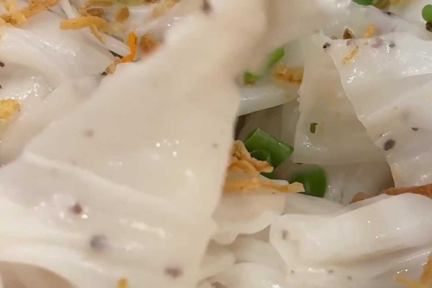 Fresh rice-sheet noodles topped with crispy shallots and spring onion, a Vietnamese breakfast favourite.