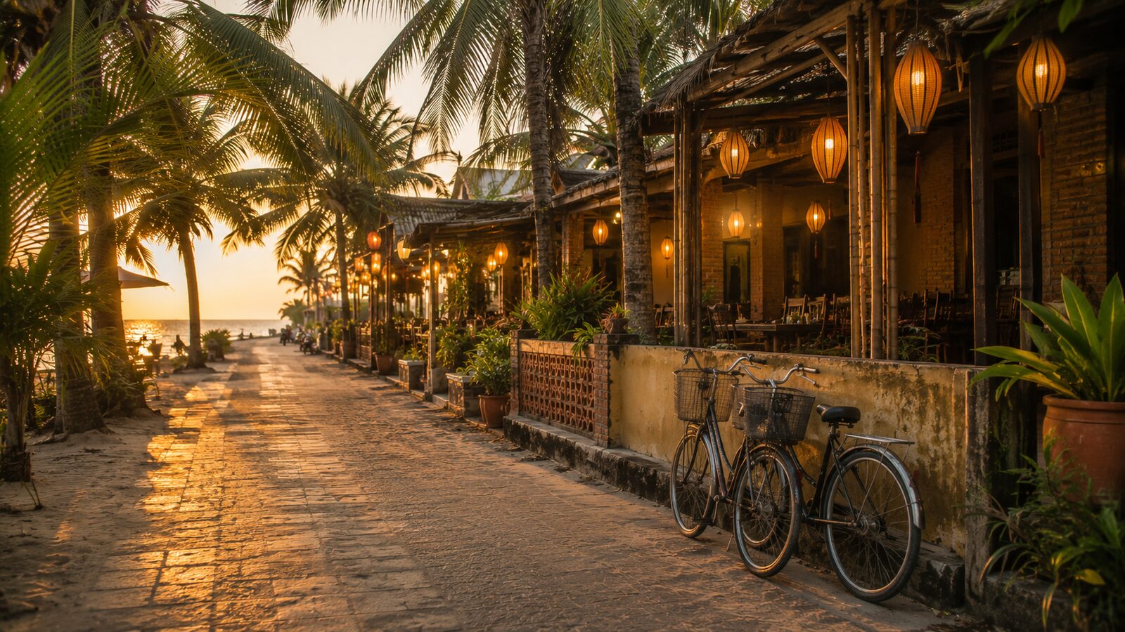 A calm palm-lined street near Cửa Đại at golden hour, warm lights and bicycles, very few crowds.