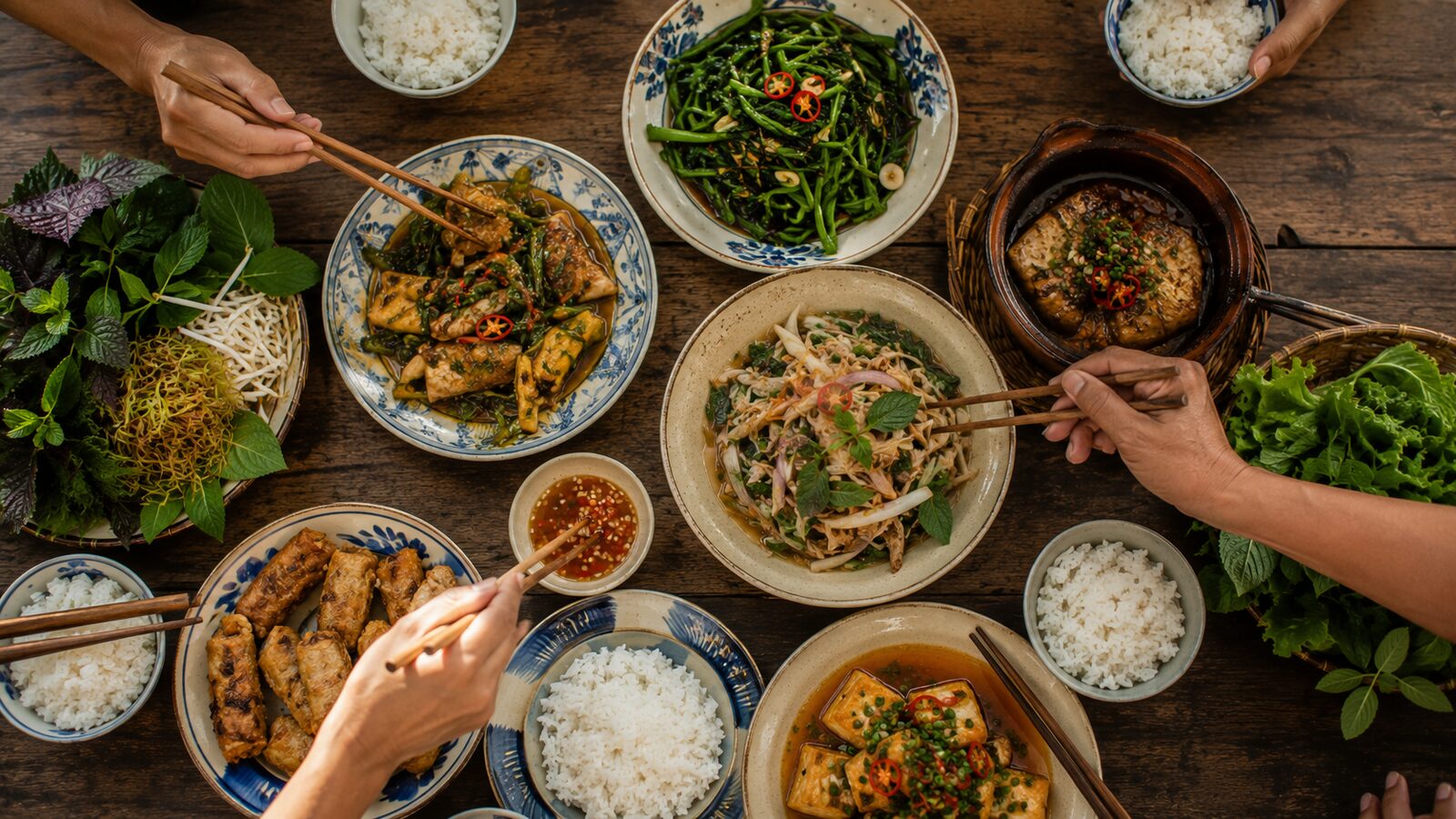 An overhead communal Vietnamese meal, shared dishes and rice bowls with chopsticks, hands sharing.