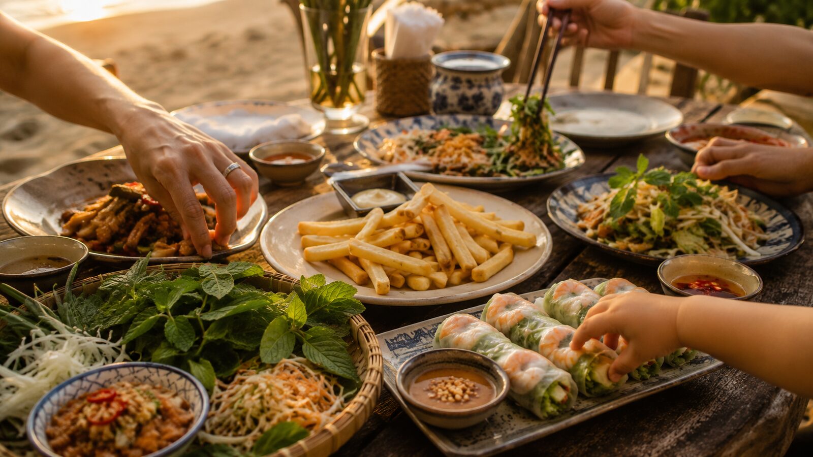 A relaxed beach-side table with a shared spread of Vietnamese dishes and fries, hands reaching in to share.