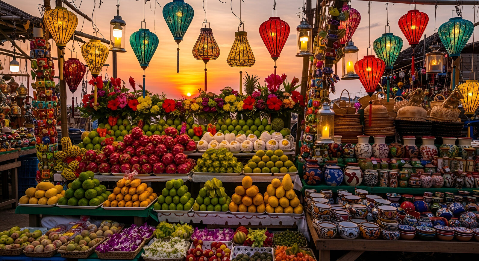 A colourful Hội An market stall at sunset, piled with tropical fruit under silk lanterns.
