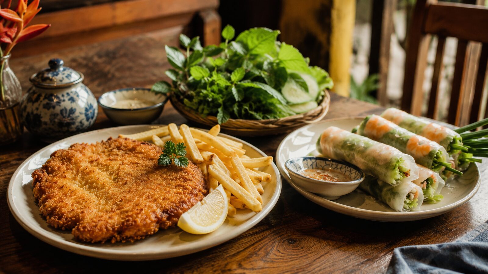 A golden schnitzel with fries and a lemon wedge beside fresh Vietnamese spring rolls and herbs.