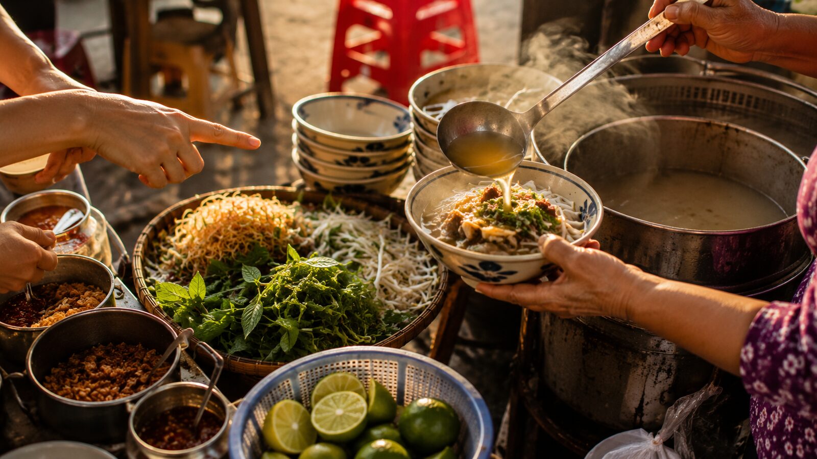 Hands ladling a steaming bowl at a Hội An street-food stall, herbs and limes on the counter.