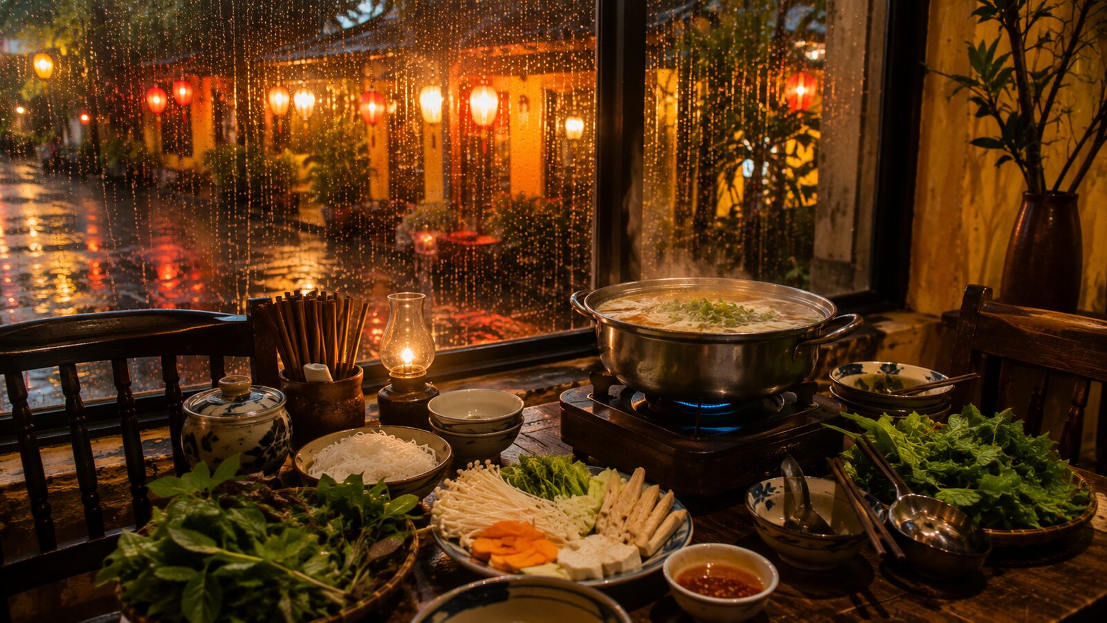A steaming hotpot on a table inside a cosy Hội An restaurant while rain falls outside.