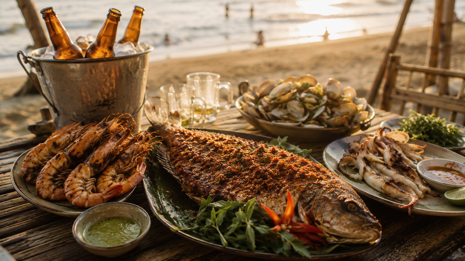 A seaside table of grilled whole fish, prawns and clams with a bucket of iced beer, the beach behind.