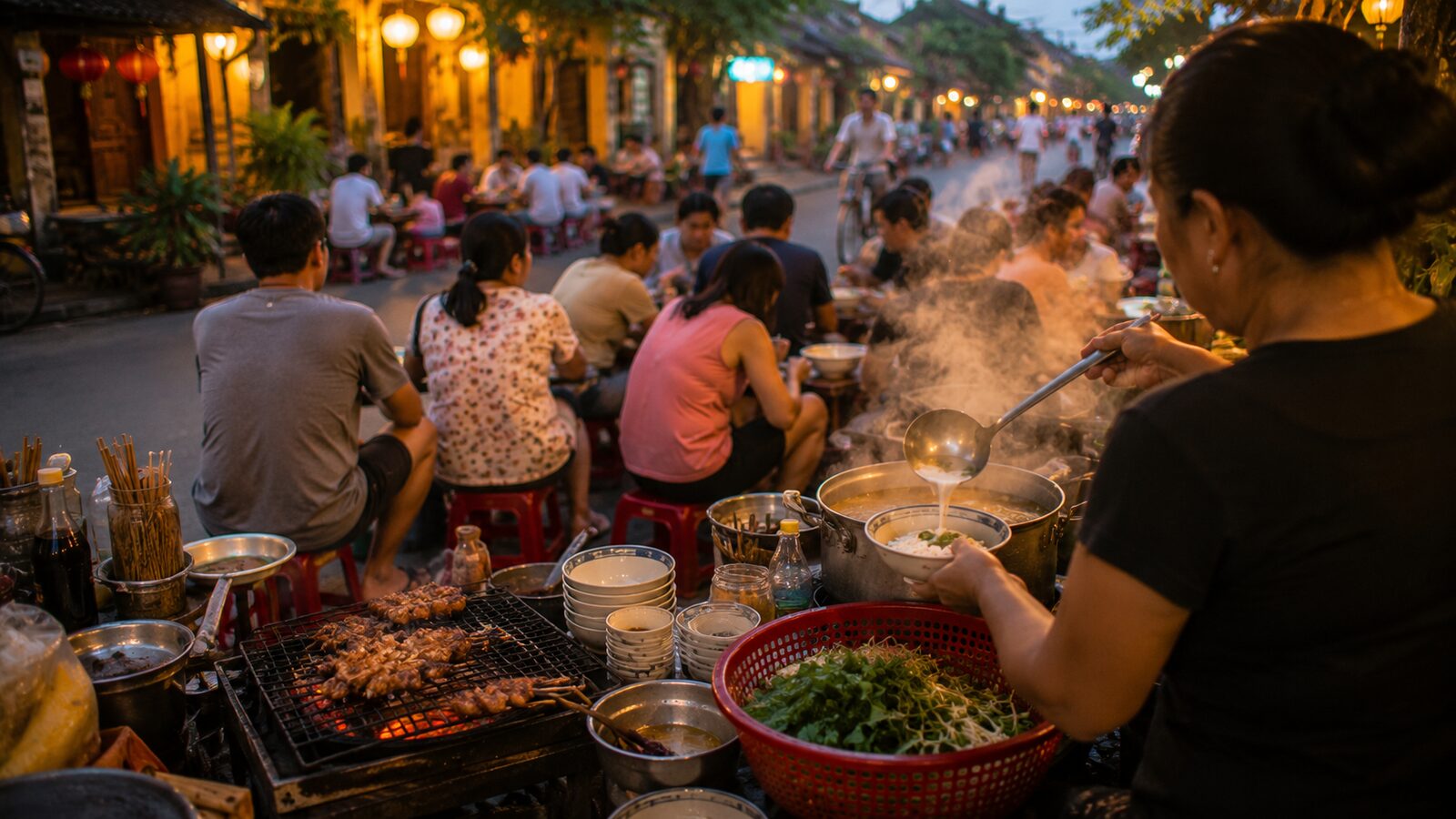 A lively Hội An street-food stall at dusk, a vendor grilling skewers as locals sit on low stools.