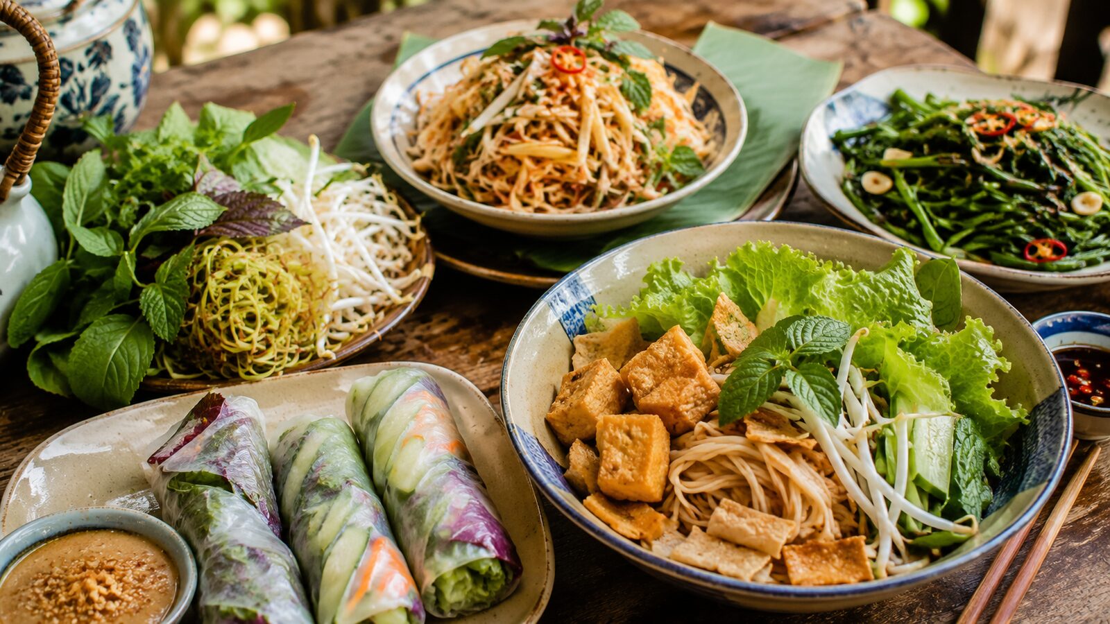 A colourful vegetarian Vietnamese spread with tofu, fresh herbs, salad and spring rolls.
